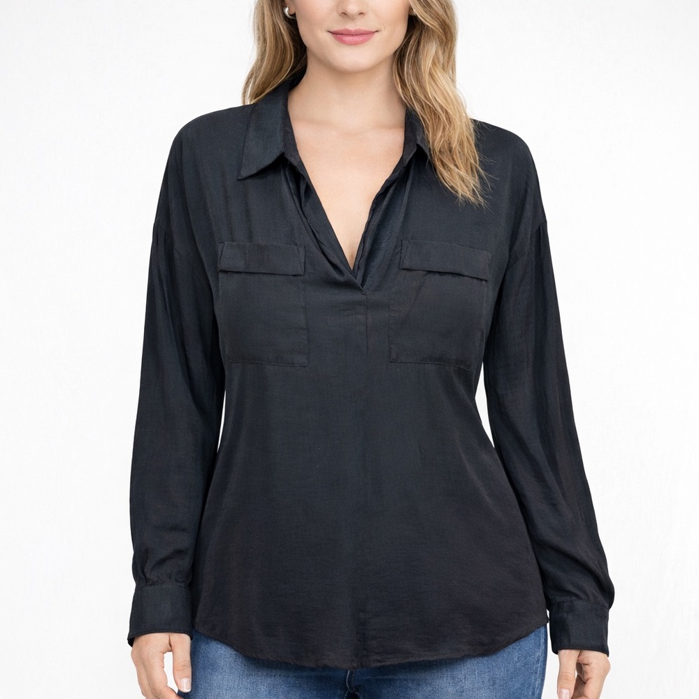 Free People Blouse Black Satin Long Sleeve Pull Over Relaxed Oversized Womens XS